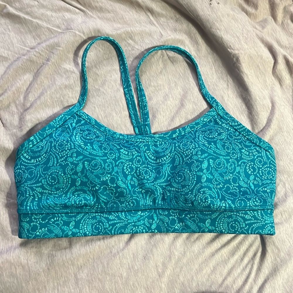 Lululemon Teal Word Print Racerback Sports Bra
